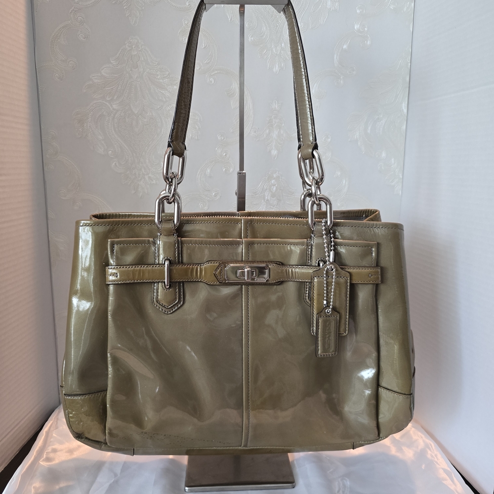 COACH Patent Leather Tote Bag in Olive Green "NEEDS NEW GIRL POWER"